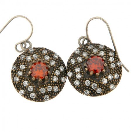 Orecchini Di Argento 925 con Zircone Arancio e Bianco Sfaccettato a Monachella Stile Etnico