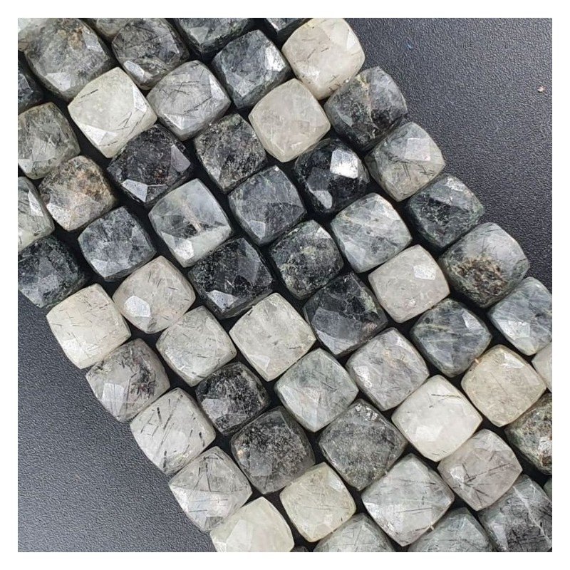 Quarzo Rutilato Tormalinato Sfumato Naturale Perline Forma Cubetti Sfaccettato a Mano 10-12mm